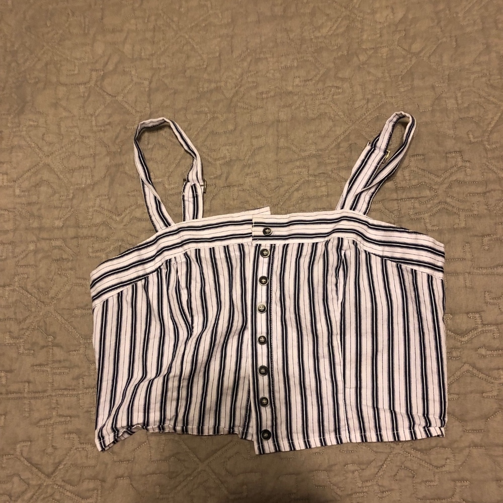 navy and white striped button down cropped tank